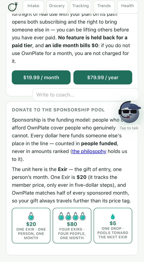 OwnPlate sponsorship pool with Exir donation options