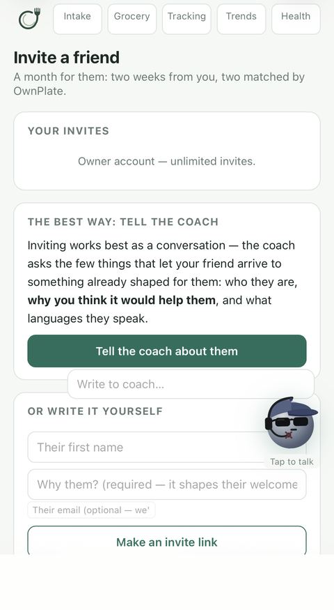 OwnPlate invite a friend screen