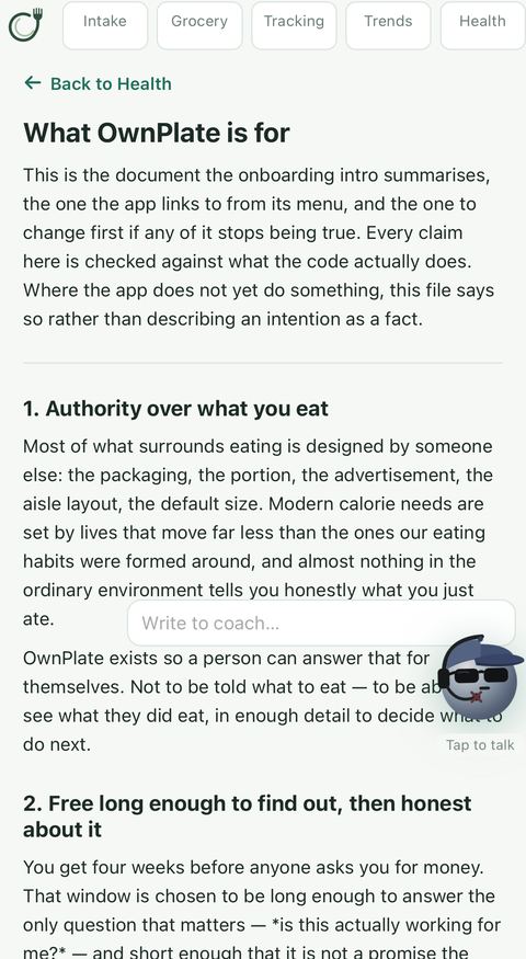 What OwnPlate is for — the philosophy document inside the app
