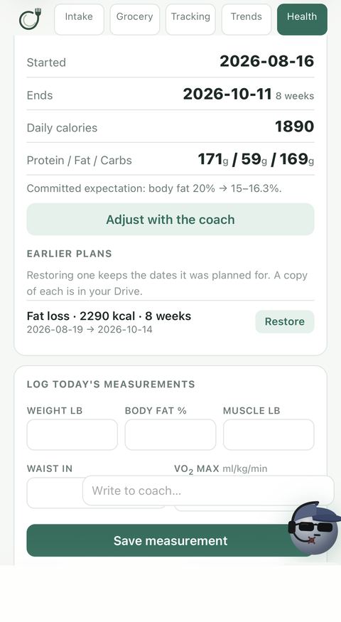 OwnPlate committed plan with calories and macros