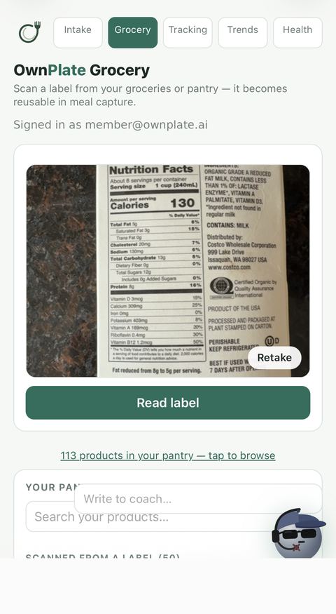 OwnPlate Grocery reading a milk carton nutrition label