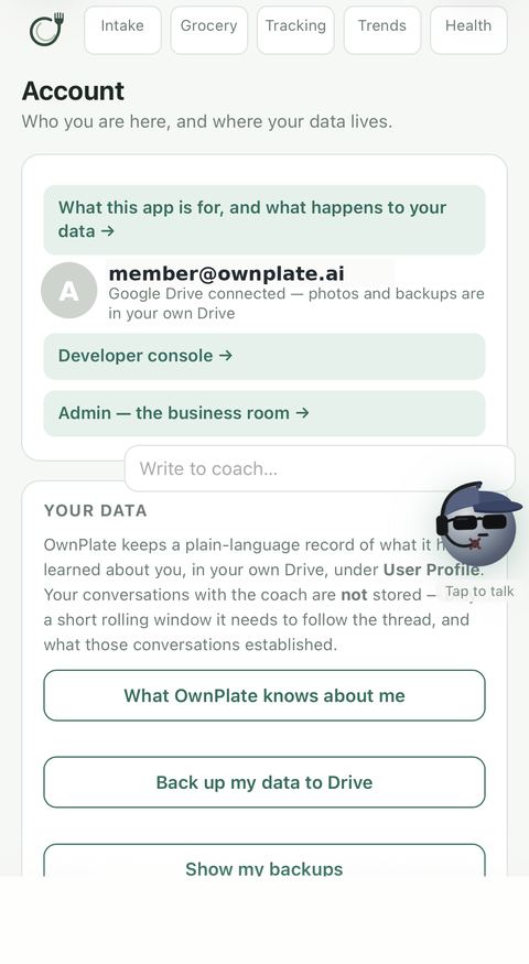 OwnPlate account screen with 'What OwnPlate knows about me' and Drive backups