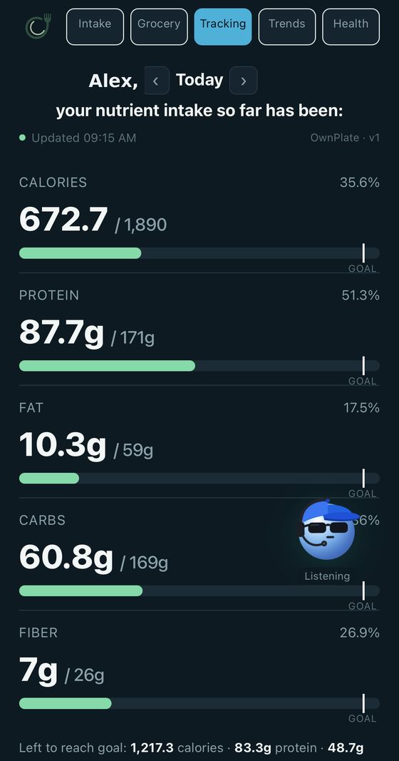 OwnPlate Tracking screen with daily goals